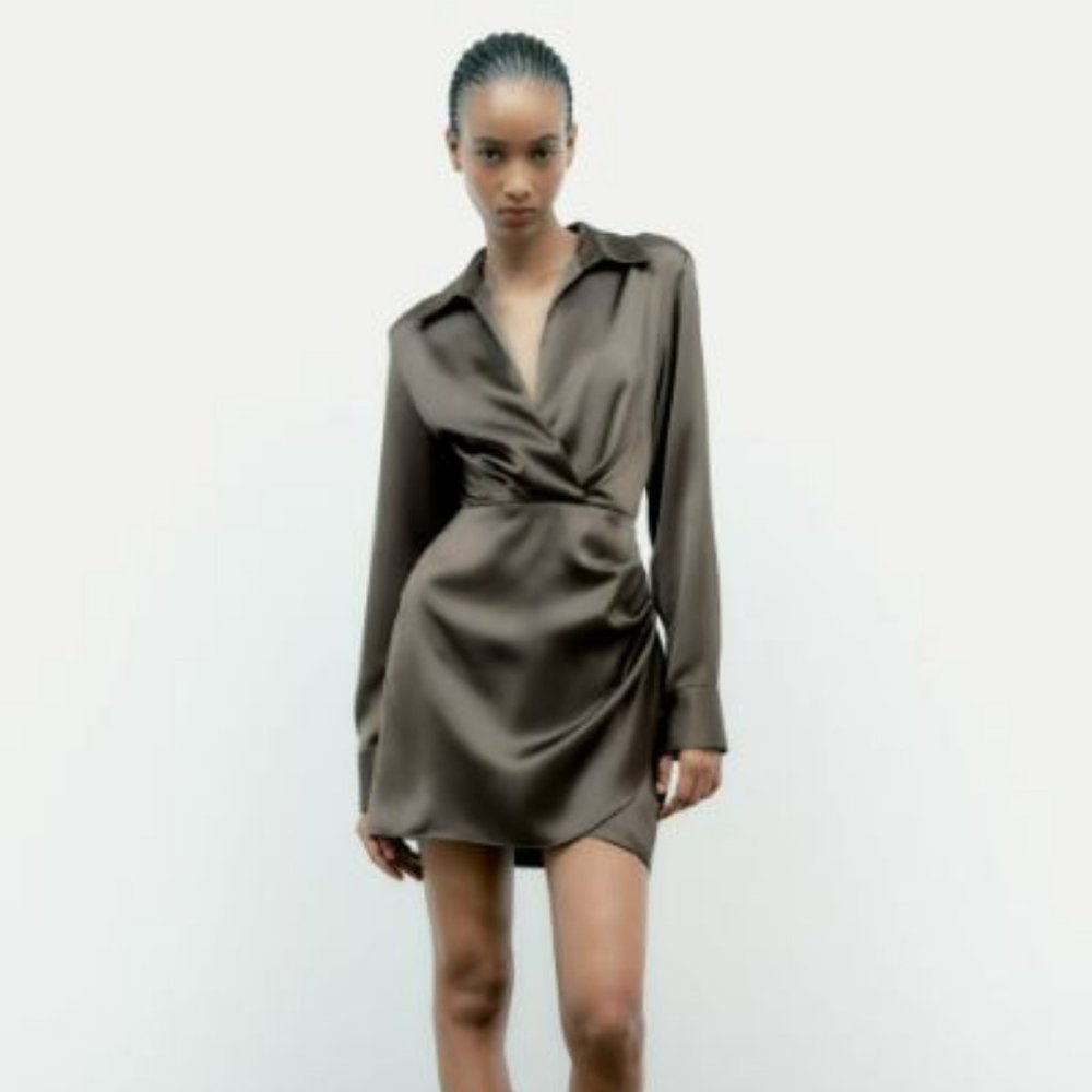 Zara Woman Dark Khaki Short Satin Effect Mini Dress Ref 9492/650 sz SMALL